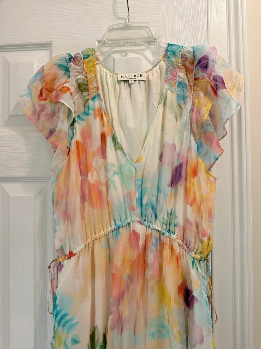 Hale Bob Pastel Multi Watercolor Silk  Floral V-Neck Maxi Dress